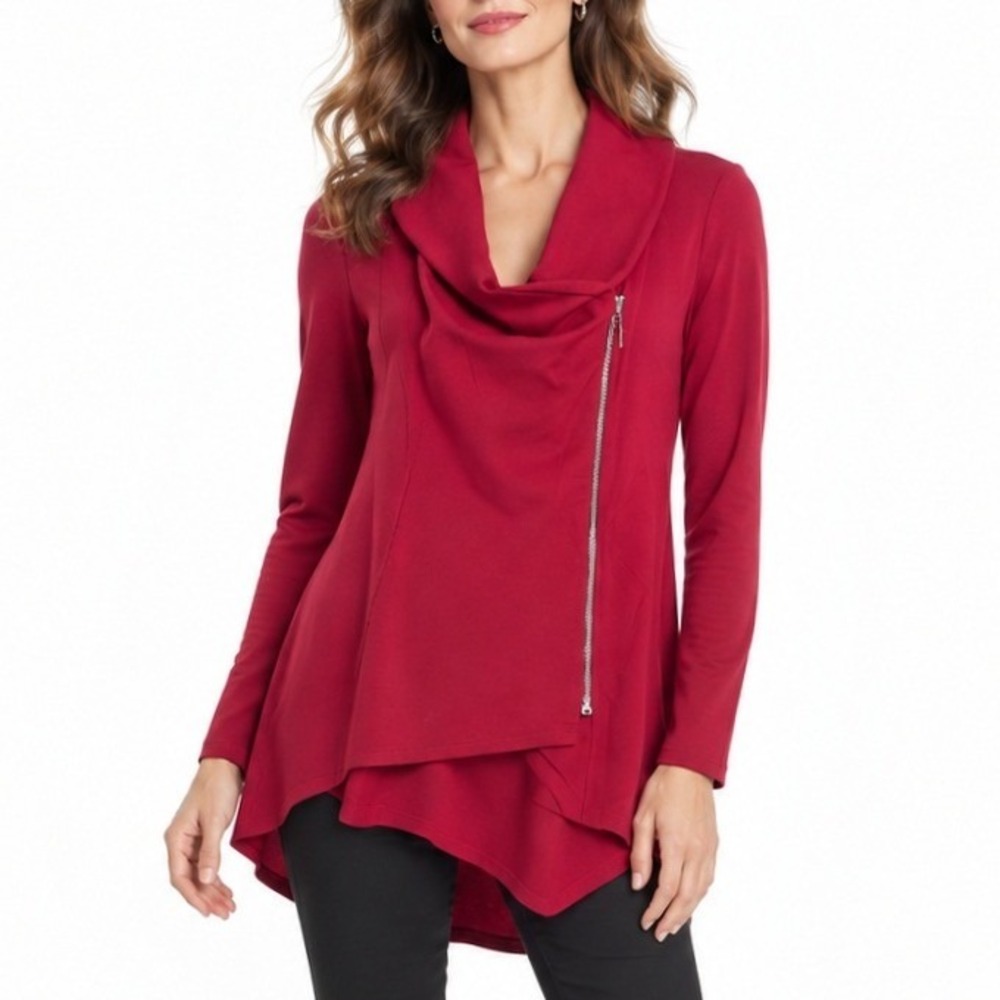 Hartly by Joseph Ribkoff Red Cowl Neck Asymmetric Zip Jacket Top Womens Small